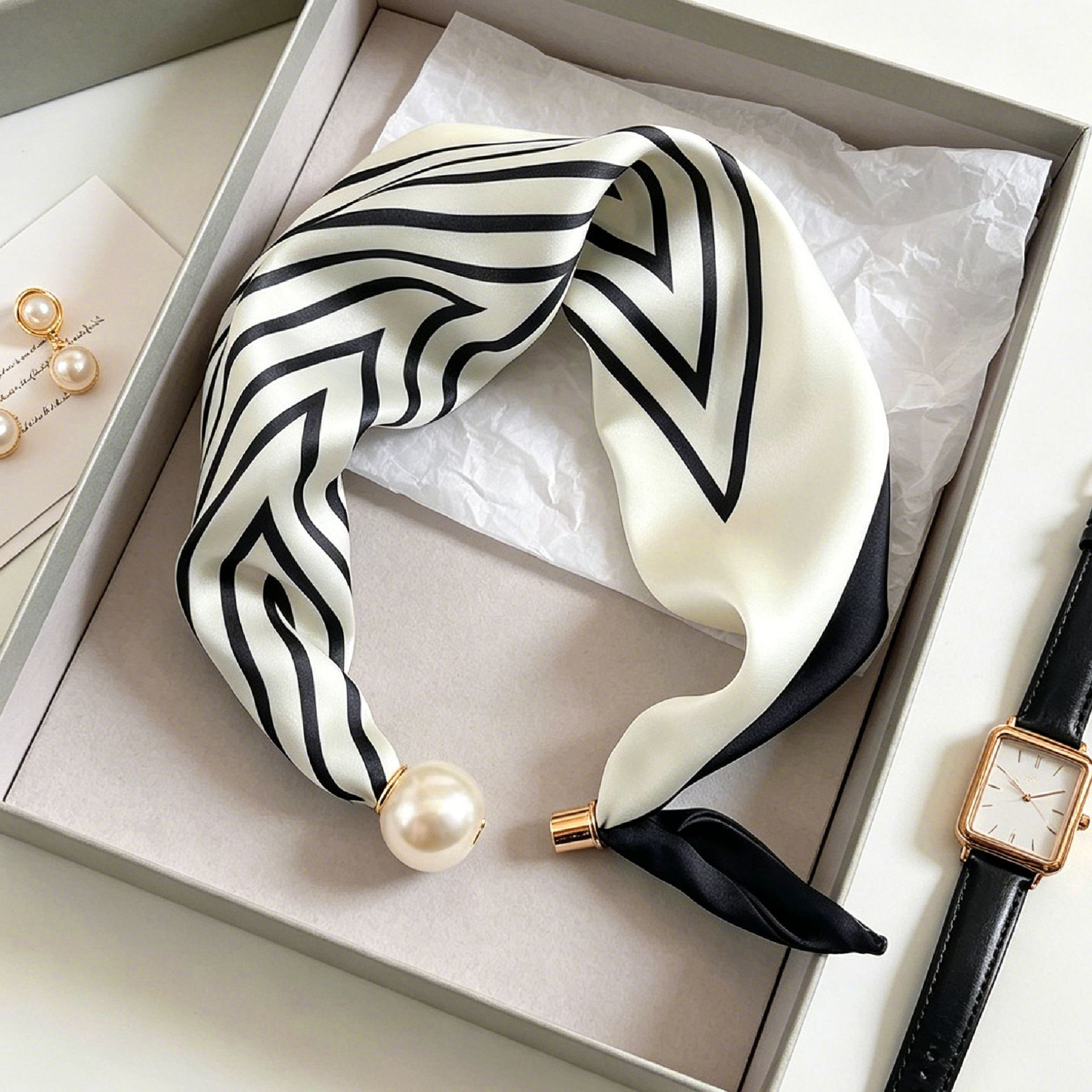 Elegant Chic Pearl Stripe Scar - đánh giá và giá Silk Neck Scarf