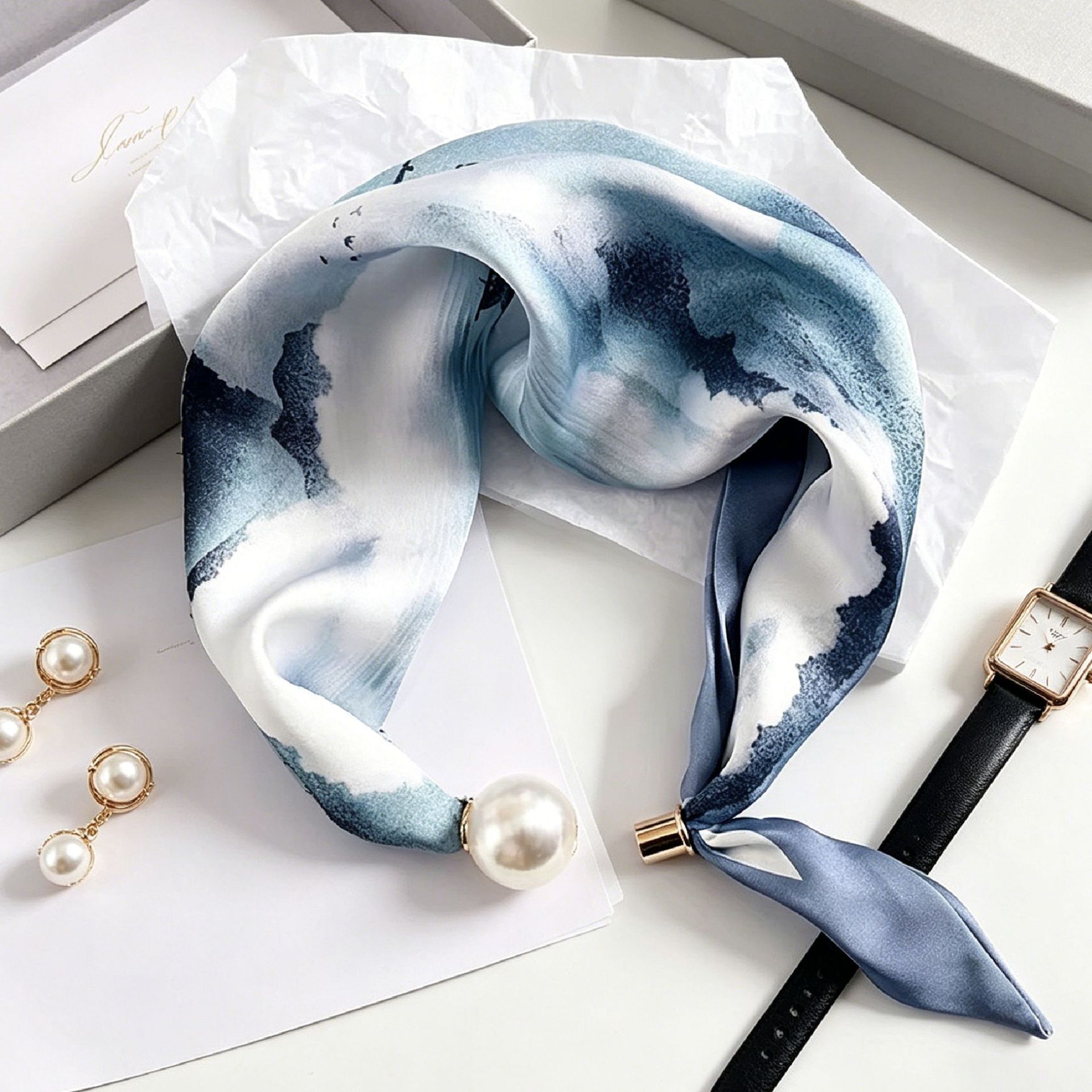 Elegant Chic Pearl Stripe Scar - đánh giá và giá Silk Neck Scarf
